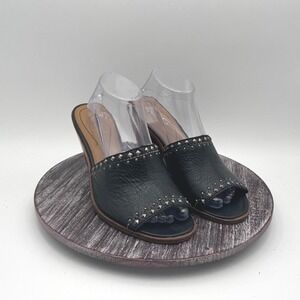 Reba Mules Womens 10 Black Leather Studded High Heels Western Slip On Shoes